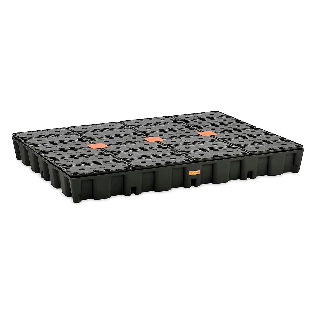 Schwarzer, rechteckiger Behälter mit quadratischen Öffnungen, orangefarbenen Markierungen und Löchern. Mehrere Module.