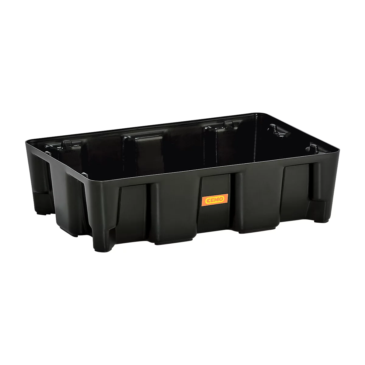 Schwarze Kunststoffbox, rechteckig, mit gelbem Etikett "Cemo".