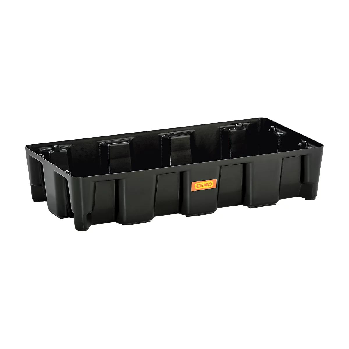 Schwarze, rechteckige Kiste mit rechteckigen Aussparungen an der Seite, ein kleines orangefarbenes Etikett ist zu sehen.