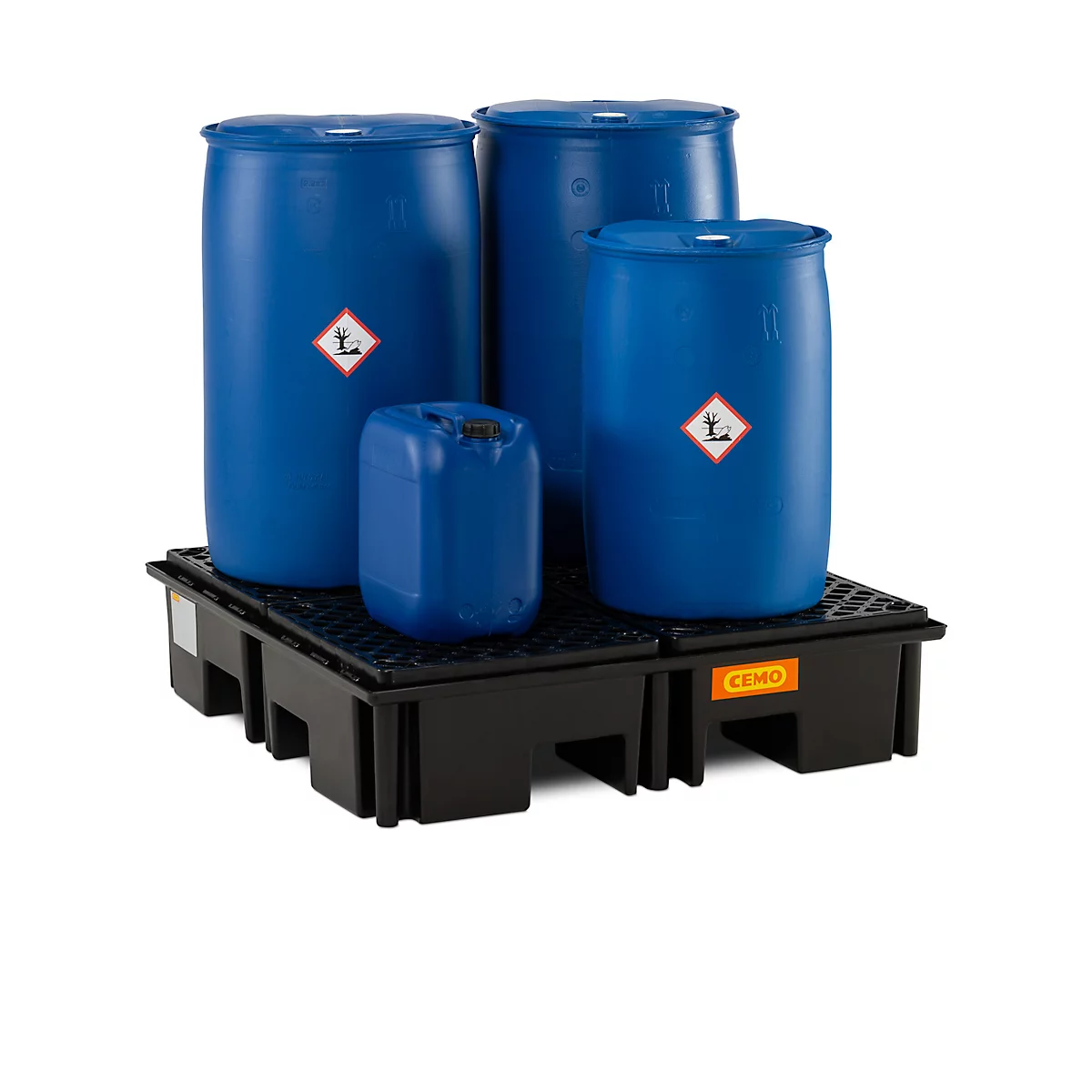 PE-Auffangwanne CEMO 220/4, mit 4 PE-Gitterrosten, B 1230 x T 1230 x H 290 mm, 220 l, für 4 x 200 l Fässer, bis 1200 kg