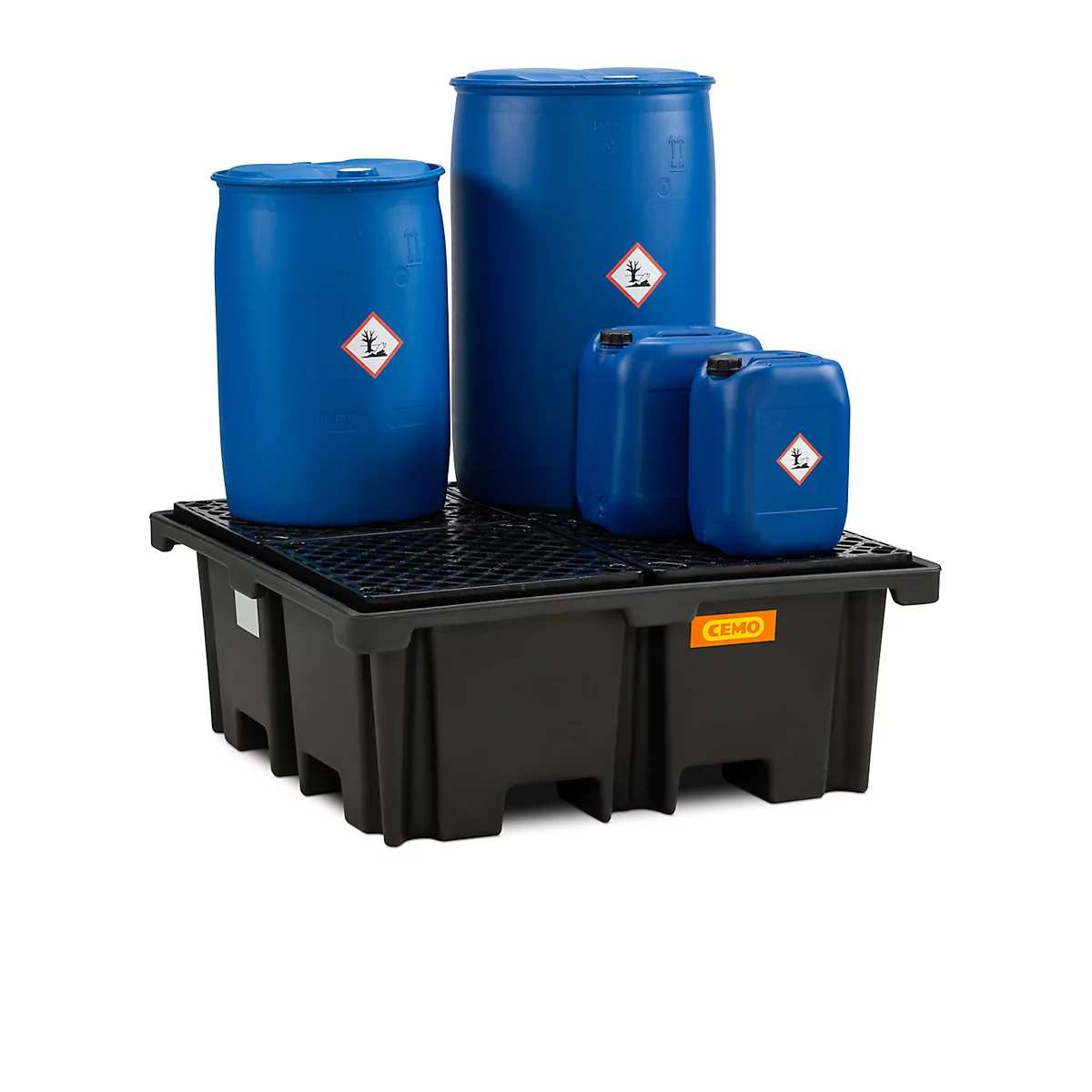 PE-Auffangwanne CEMO 400/4, mit 4 PE-Gitterrosten, B 1290 x T 1290 x H 500 mm, 400 l, für 4 x 200 l Fässer, bis 1200 kg