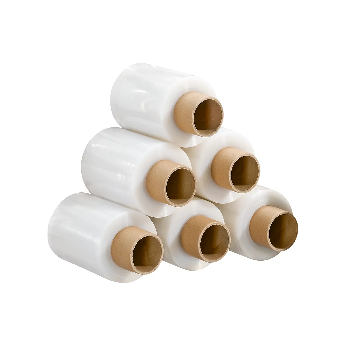 A pyramid of transparent stretch film rolls with brown cardboard cores.