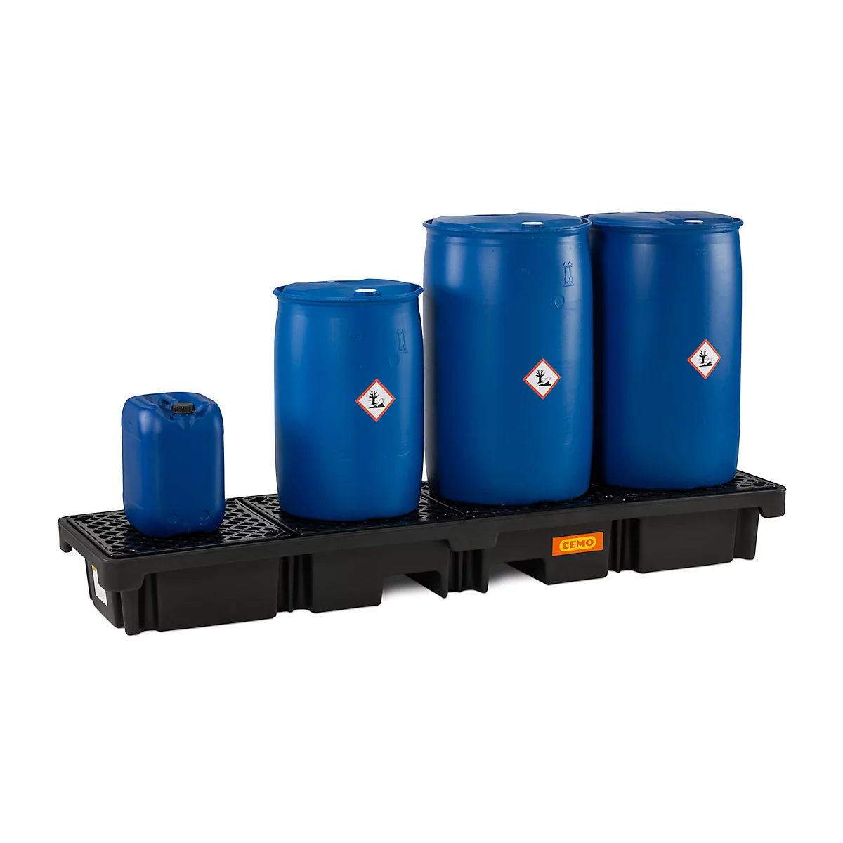PE opvangbak CEMO 220/4e, met 4 PE roosters, B 2450 x D 660 x H 260 mm, 215 l, voor 4 x 200 l vaten, tot 1200 kg