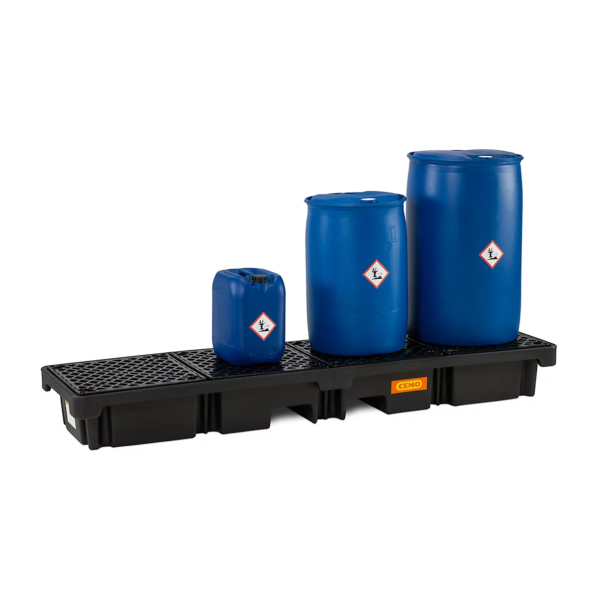 PE opvangbak CEMO 220/4e, met 4 PE roosters, B 2450 x D 660 x H 260 mm, 215 l, voor 4 x 200 l vaten, tot 1200 kg