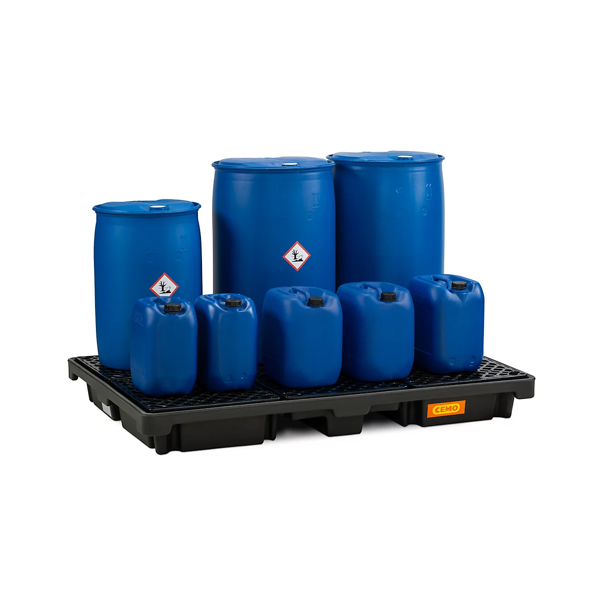 PE opvangbak CEMO 220/6, met 6 PE roosters, B 1860 x D 1260 x H 200 mm, 220 l, voor 6 x 200 l vaten, tot 1800 kg