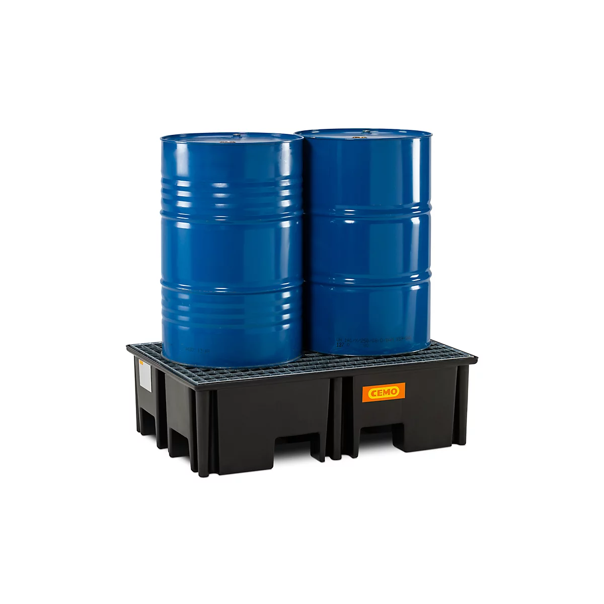 PE-Palettenauffangwanne CEMO 220/2 für 1 Europalette, L 1230 x B 830 x H 360 mm, 220 l, für 2 x 200 l Fässer, Stahl-Gitterrost