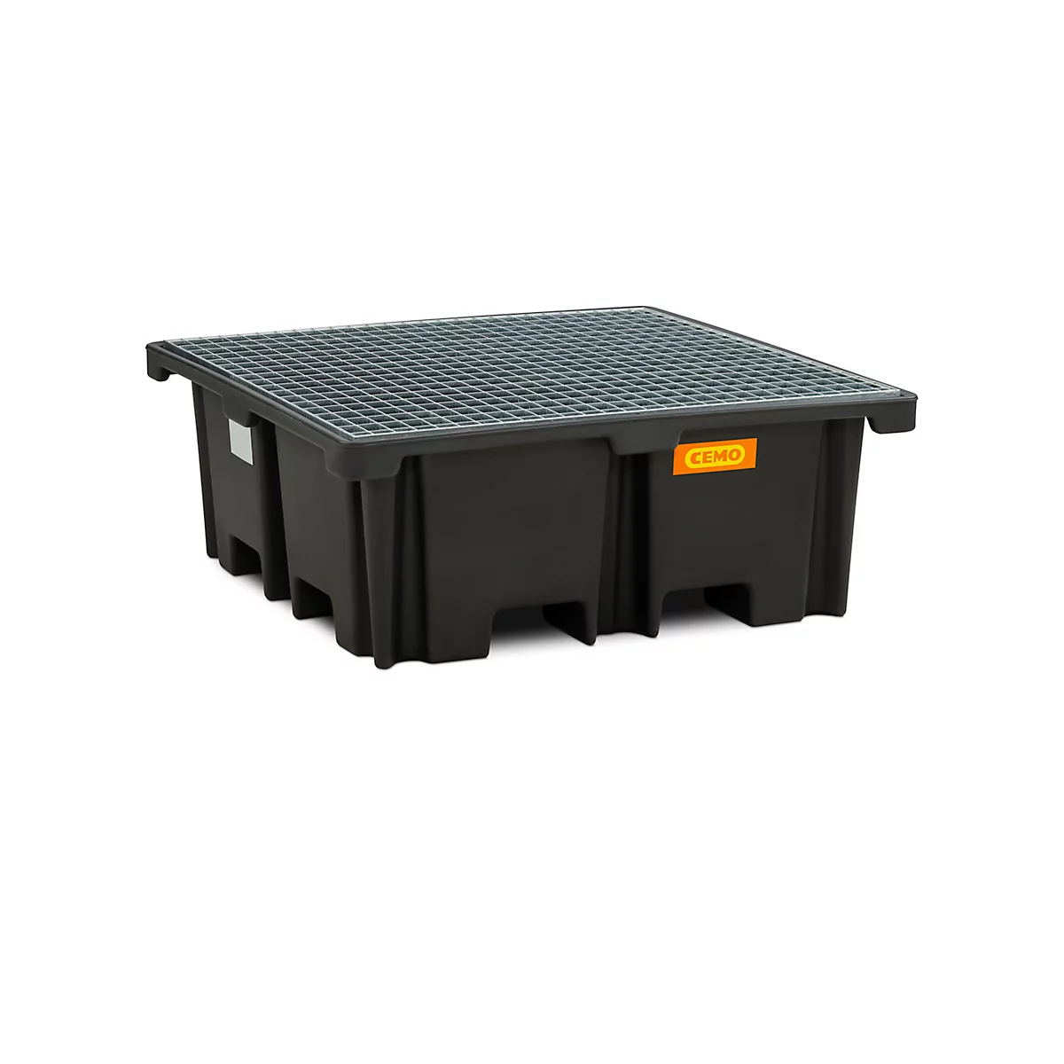 PE-Palettenauffangwanne CEMO 400/4 für 1 Industriepalette, L 1290 x B 1290 x H 480 mm, 400 l, für 4 x 200 l Fässer, Stahl-Gitterrost