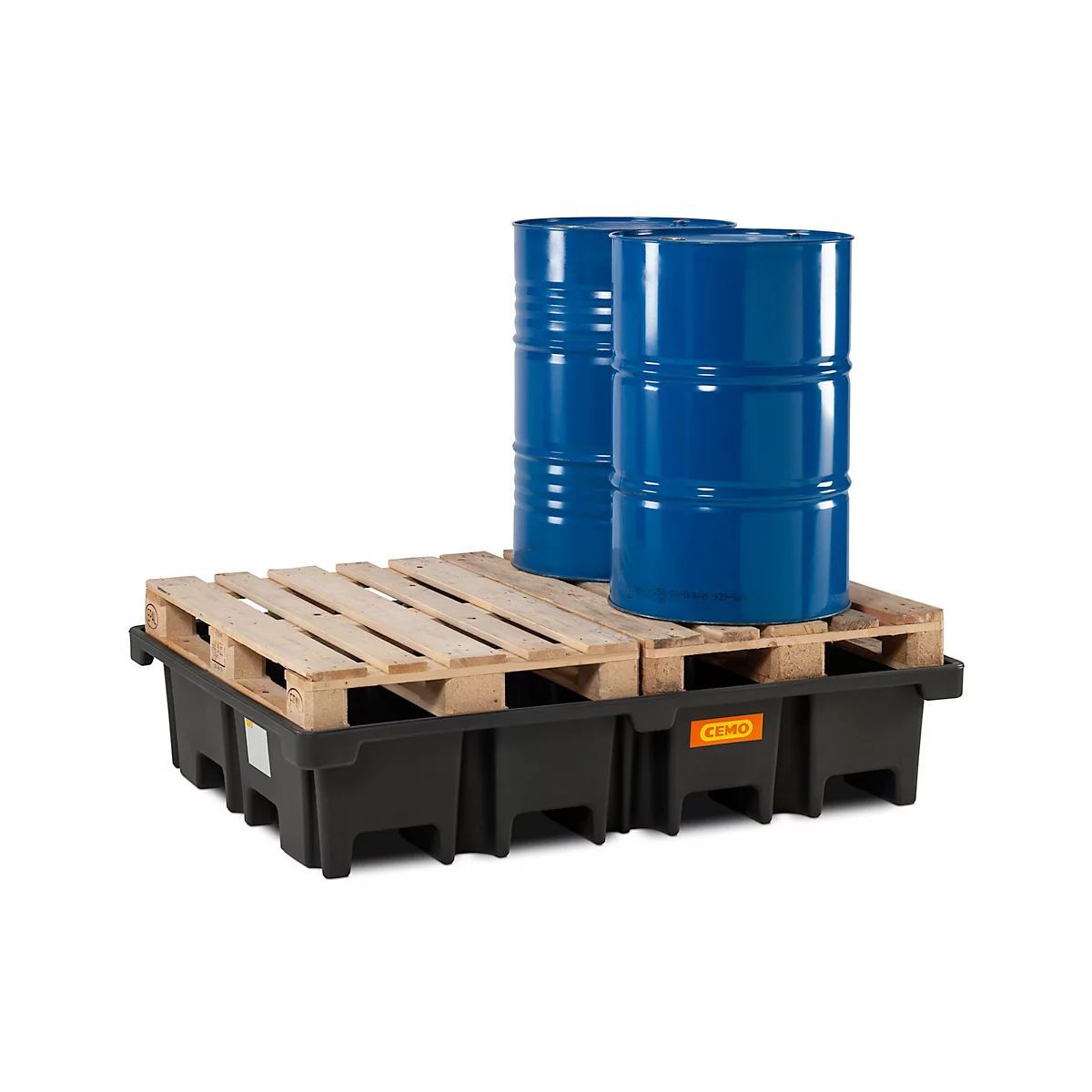 PE-Palettenauffangwanne CEMO 425/4 für 2 Europaletten quer, L 1670 x B 1270 x H 360 mm, 425 l, für 4 x 200 l Fässer, ohne Gitterrost
