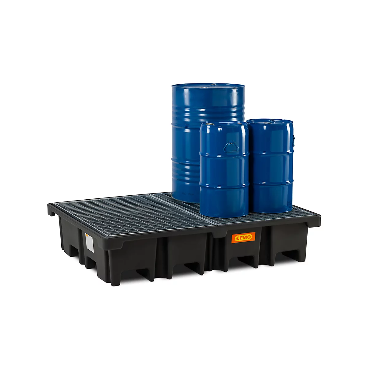 PE-Palettenauffangwanne CEMO 425/4 für 2 Europaletten quer, L 1670 x B 1270 x H 360 mm, 425 l, für 4 x 200 l Fässer, Stahl-Gitterrost