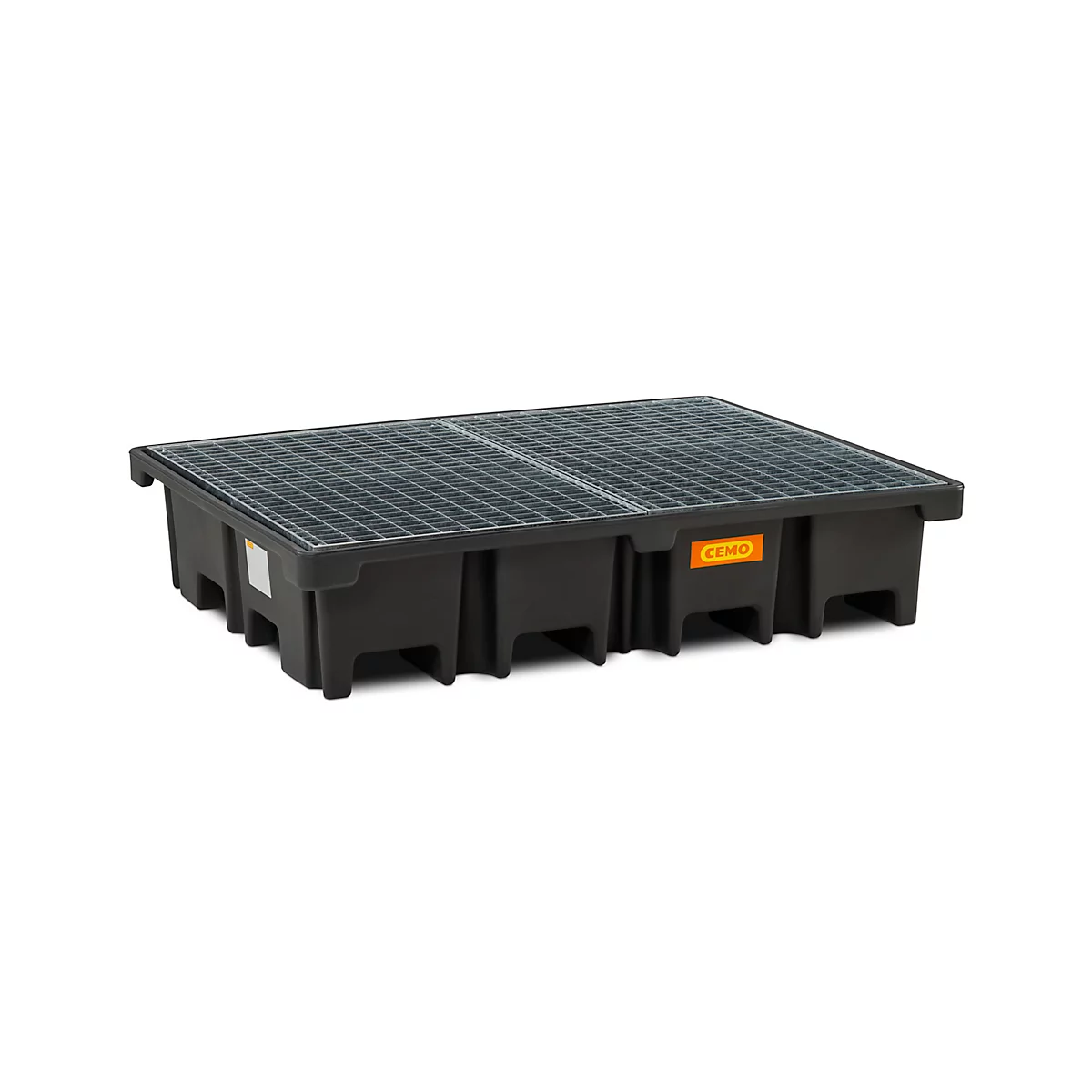 PE-Palettenauffangwanne CEMO 425/4 für 2 Europaletten quer, L 1670 x B 1270 x H 360 mm, 425 l, für 4 x 200 l Fässer, Stahl-Gitterrost