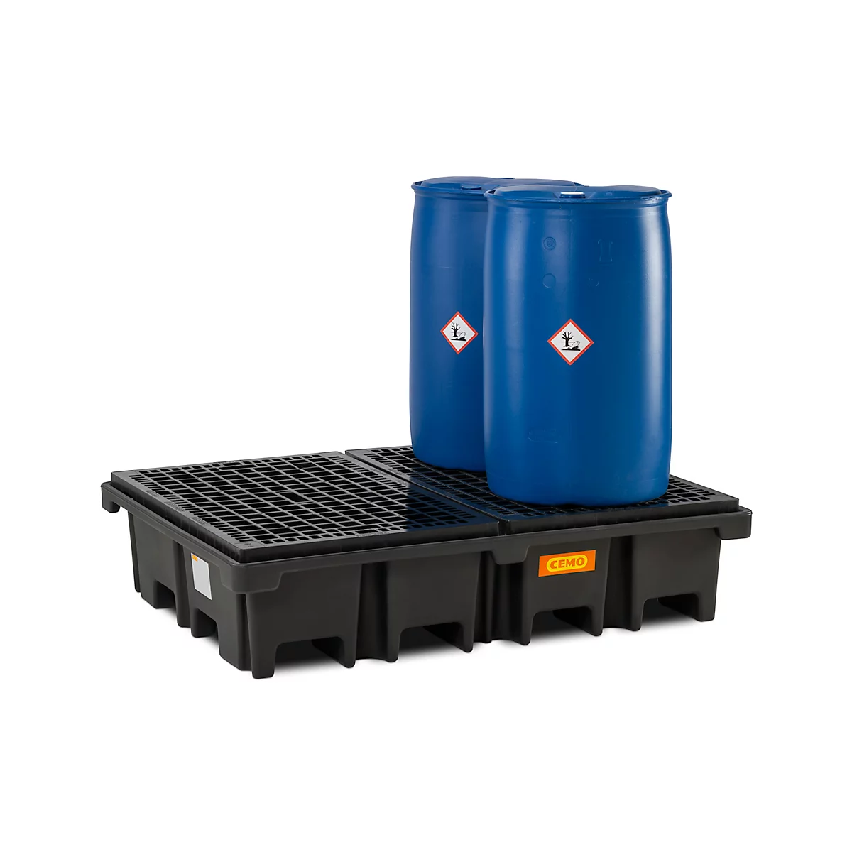 PE-Palettenauffangwanne CEMO 425/4 für 2 Europaletten quer, L 1670 x B 1270 x H 360 mm, 425 l, für 4 x 200 l Fässer, Stahl-Gitterrost
