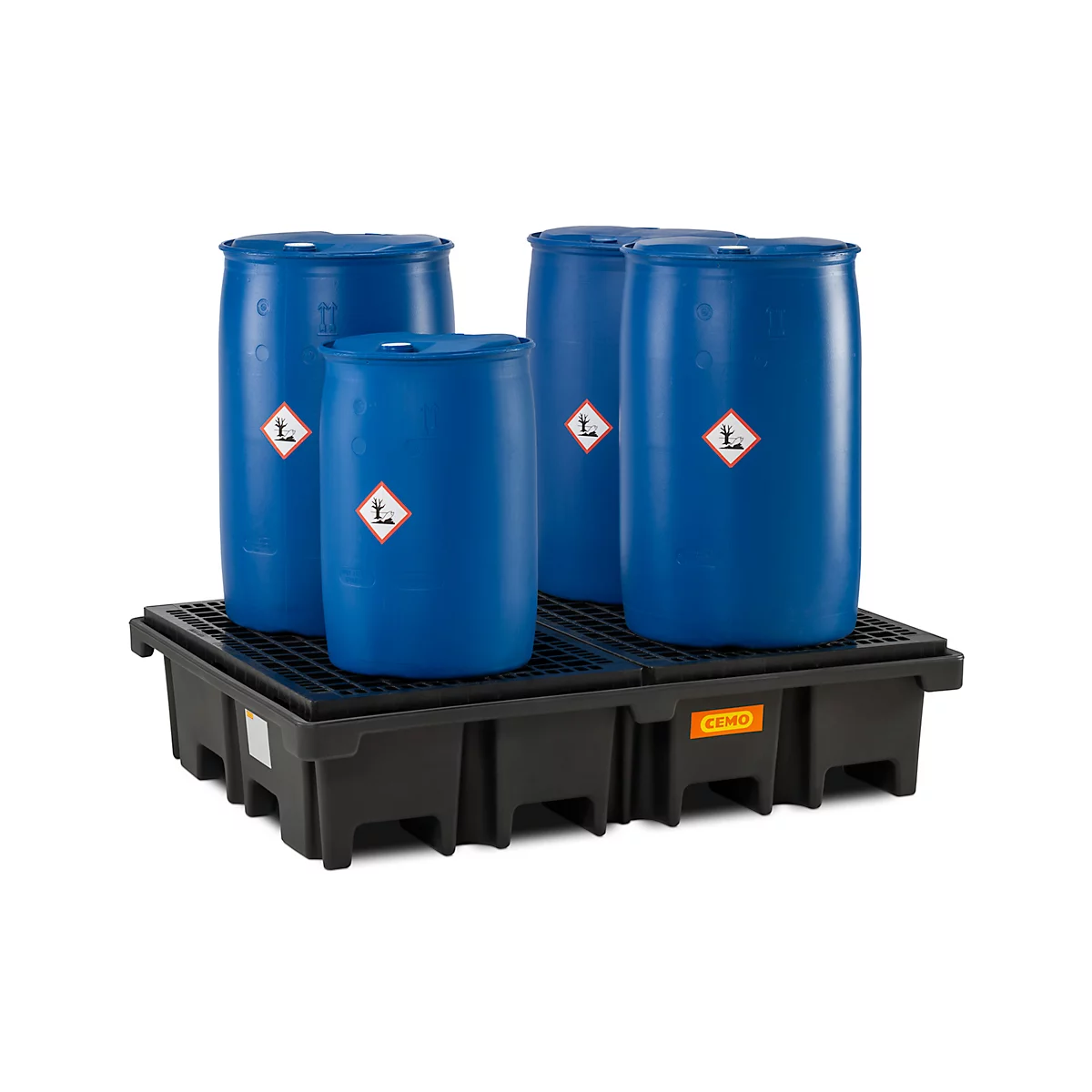 PE-Palettenauffangwanne CEMO 425/4 für 2 Europaletten quer, L 1670 x B 1270 x H 390 mm, 425 l, für 4 x 200 l Fässer, PE-Gitterrost
