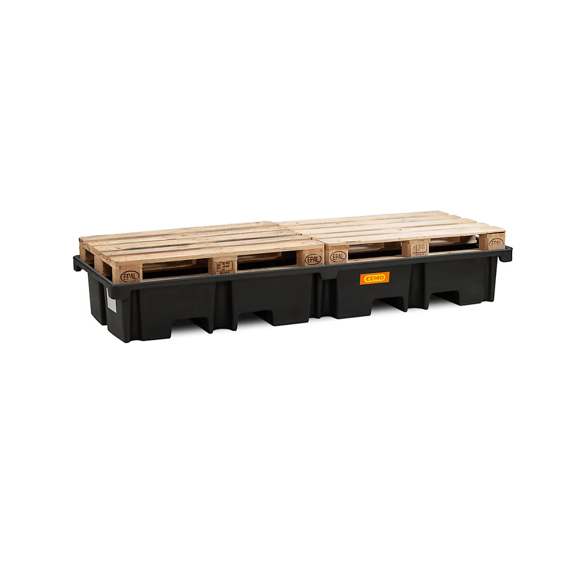 PE-Palettenauffangwanne CEMO 425/4e für 2 Europaletten längs, L 2420 x B 880 x H 360 mm, 425 l, für 4 x 200 l Fässer, ohne Gitterrost