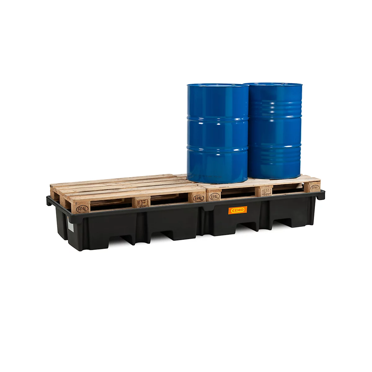 PE-Palettenauffangwanne CEMO 425/4e für 2 Europaletten längs, L 2420 x B 880 x H 360 mm, 425 l, für 4 x 200 l Fässer, ohne Gitterrost