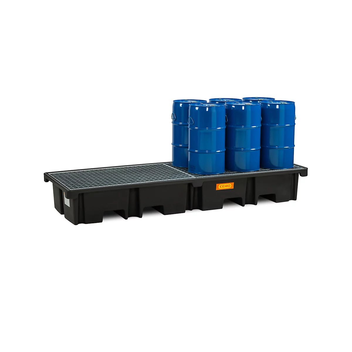 PE-Palettenauffangwanne CEMO 425/4e für 2 Europaletten längs, L 2420 x B 880 x H 360 mm, 425 l, für 4 x 200 l Fässer, Stahl-Gitterrost