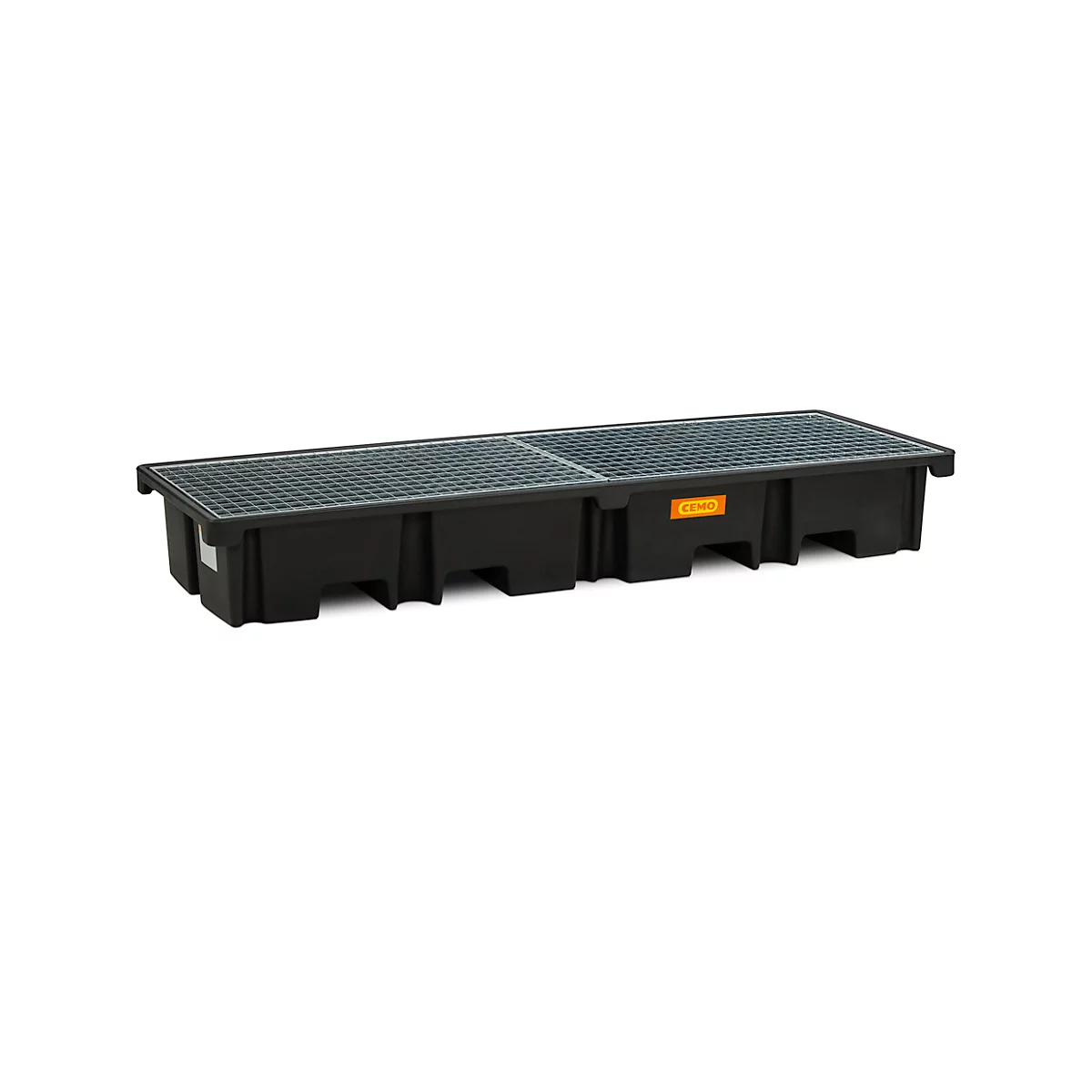 PE-Palettenauffangwanne CEMO 425/4e für 2 Europaletten längs, L 2420 x B 880 x H 360 mm, 425 l, für 4 x 200 l Fässer, Stahl-Gitterrost