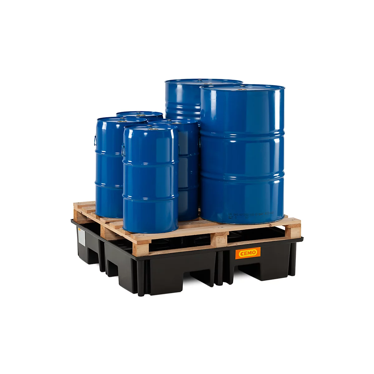 PE palletschacht CEMO 220/4 voor 1 industriepallet, L 1230 x B 1230 x H 260 mm, 220 l, voor 4 x 200 l vaten, zonder rooster