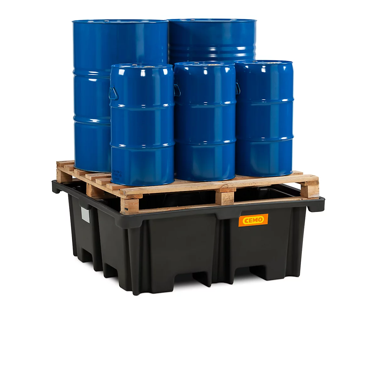 PE palletschacht CEMO 400/4 voor 1 industriepallet, L 1290 x B 1290 x H 480 mm, 400 l, voor 4 x 200 l vaten, zonder rooster