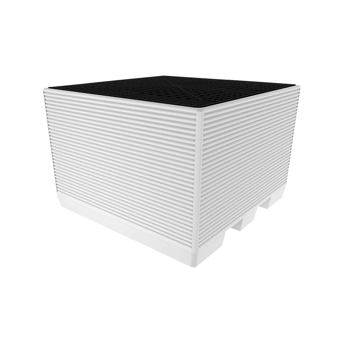 A white, cuboid filter with ribbed sides and a black, perforated top.