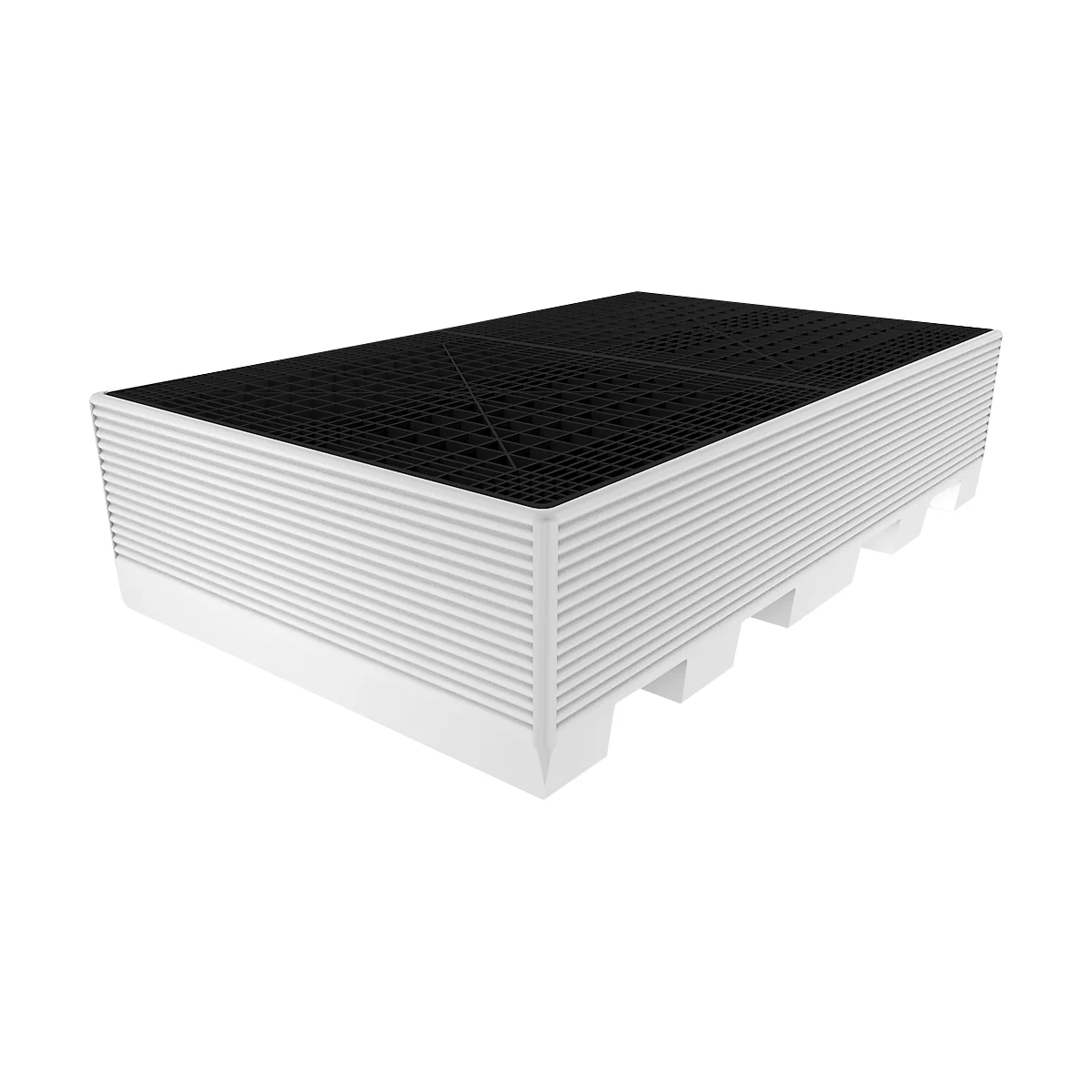 White and black plastic pallet with grid structure and ribs. Stacked.
