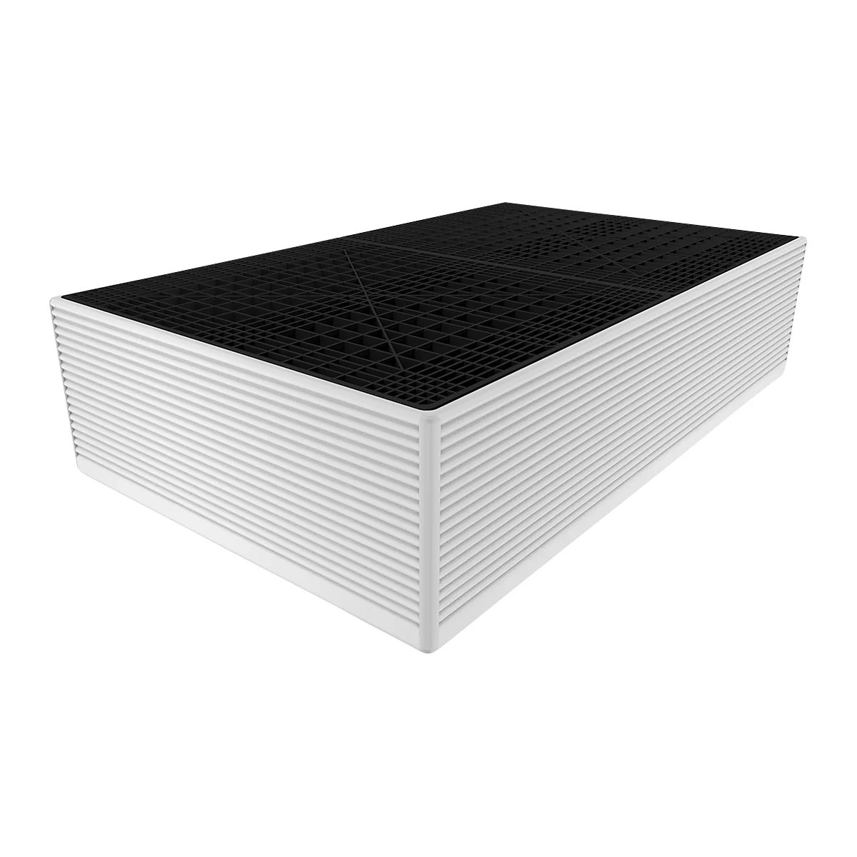 Cuboid white object with ribbed sides, black grid pattern on top.