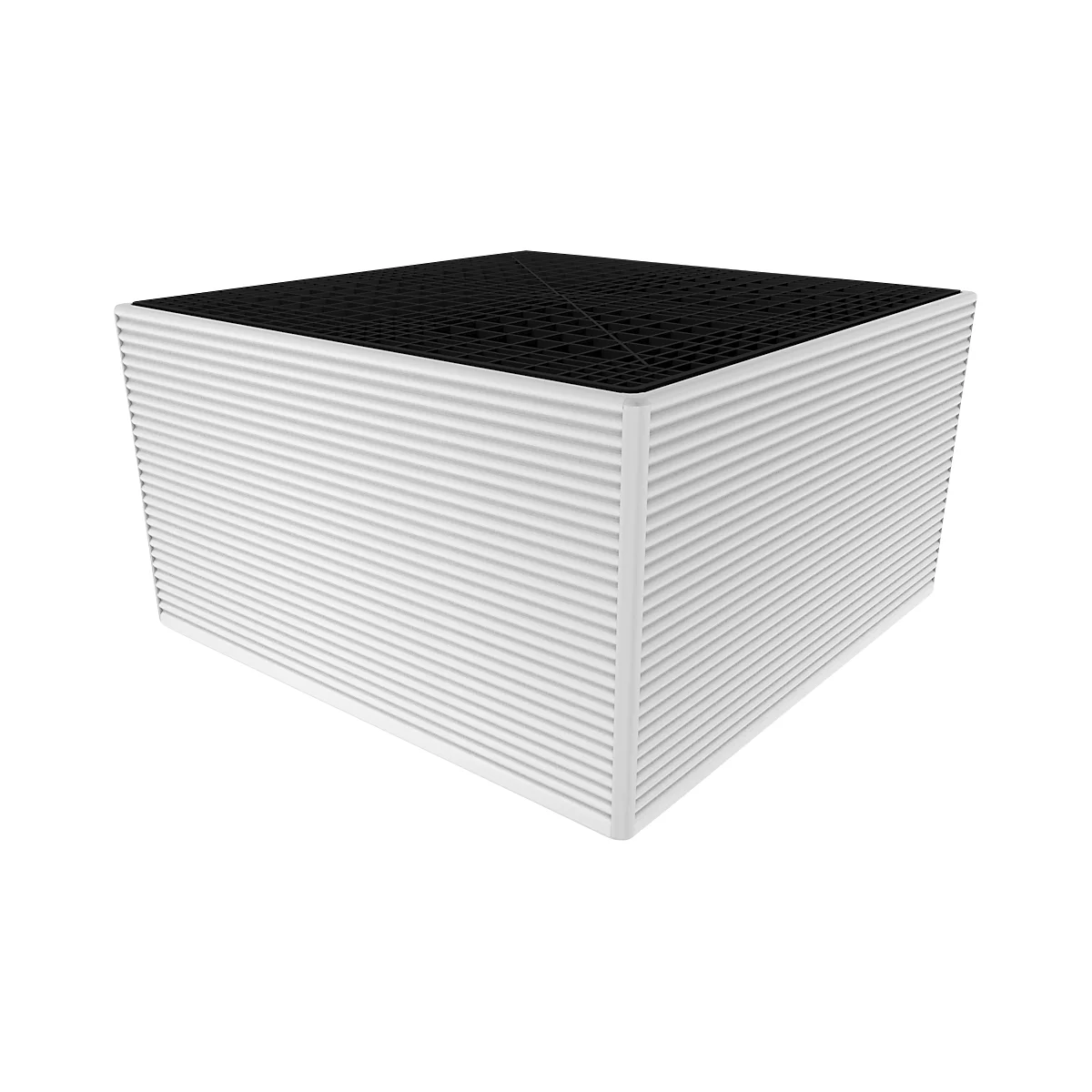 A white, cuboid filter with ridged sides and a black grid on top.