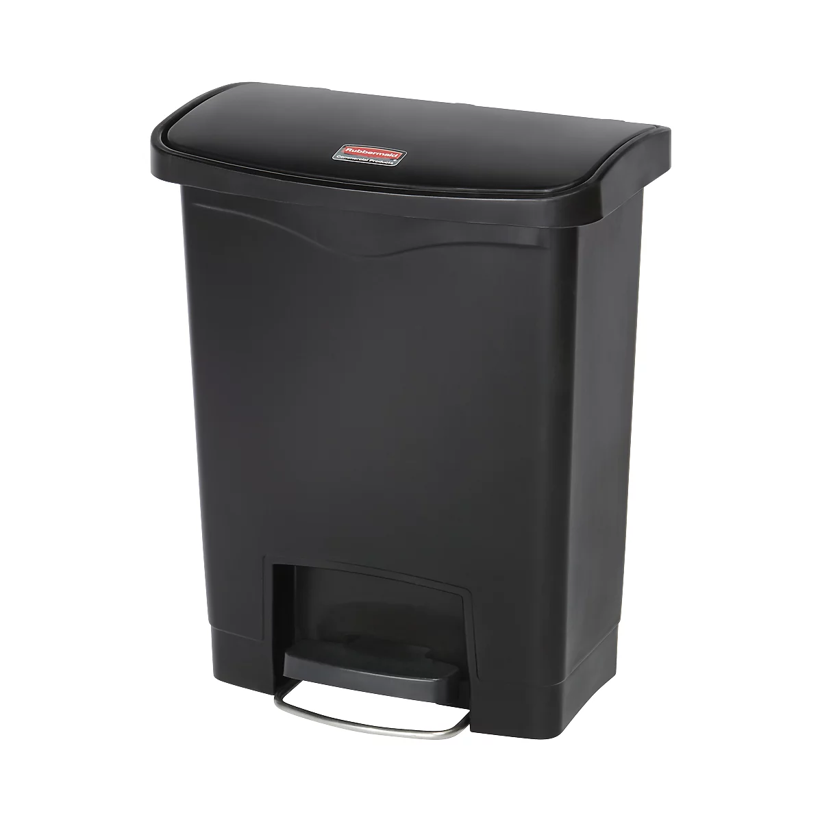 Black trash can with lid and foot pedal.
