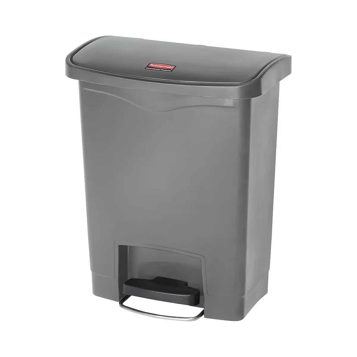 Gray trash can with lid and foot pedal.