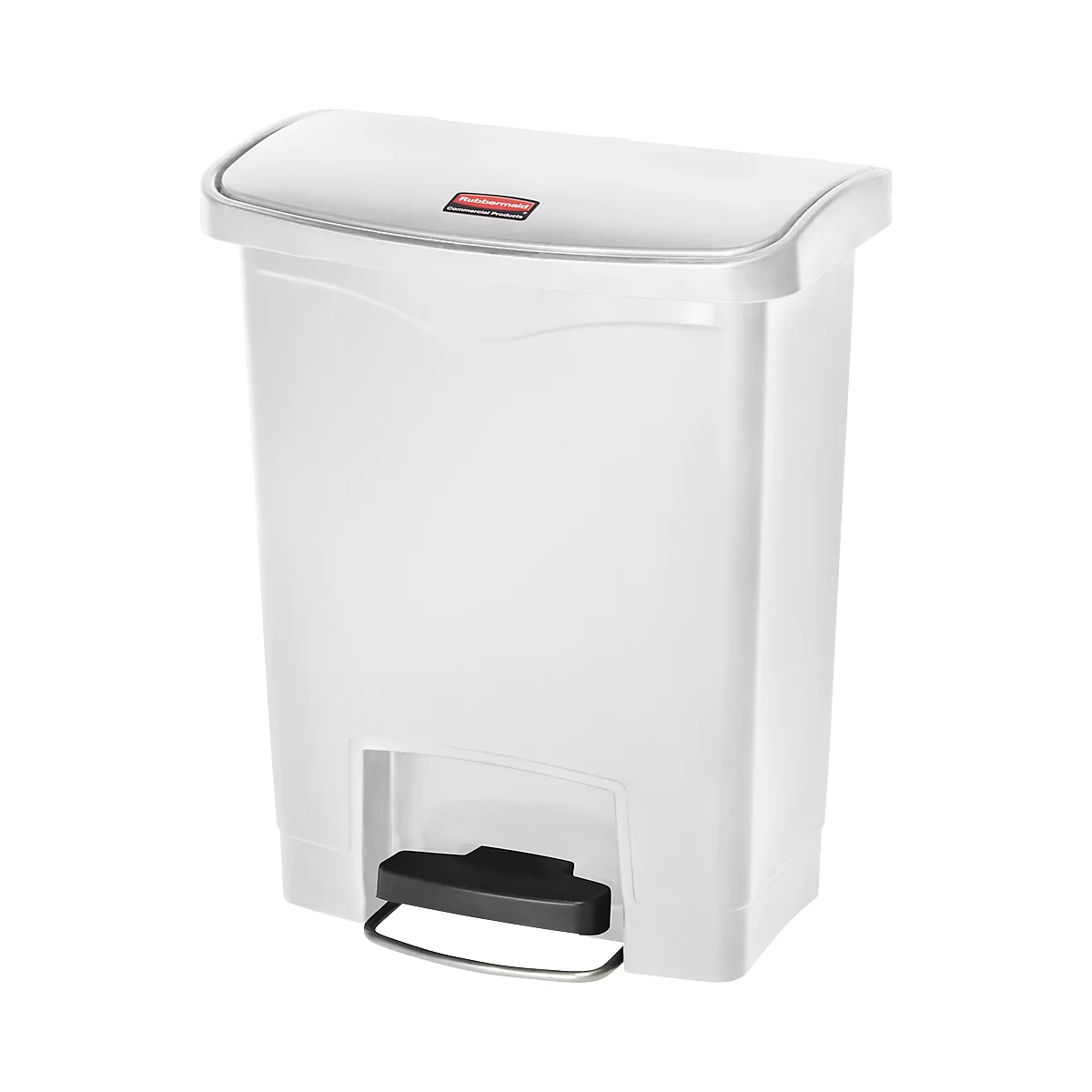 White trash can with lid and foot pedal. There is a red rectangle with lettering on the lid.