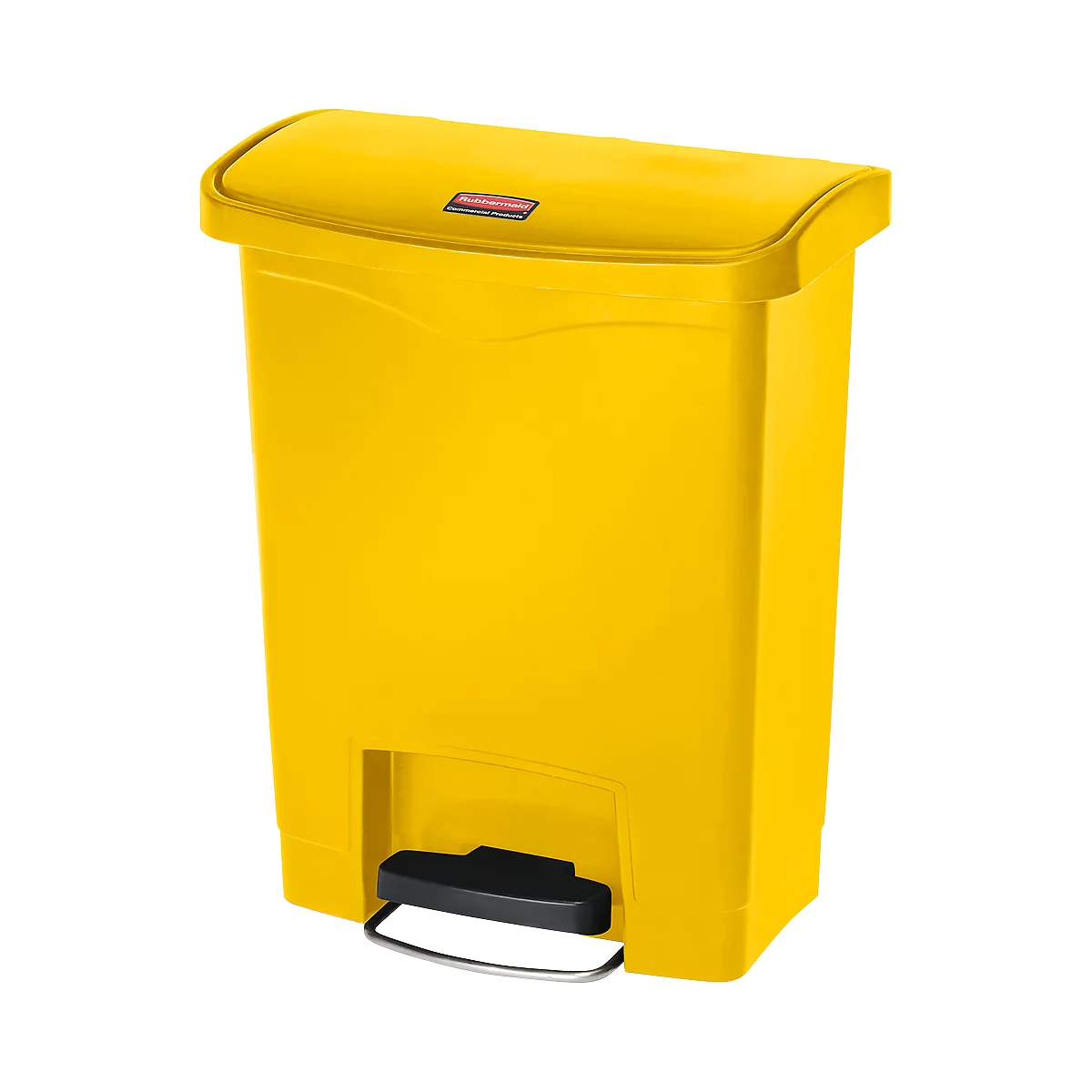 Yellow trash can with lid and foot pedal. Brand name visible at top right.