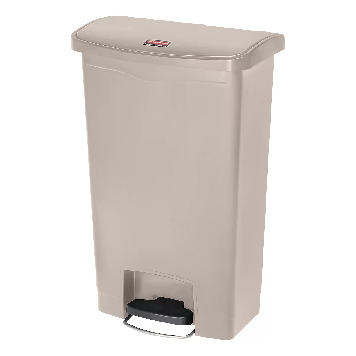 Beige trash can with lid and foot pedal. Red logo at the top left. The bin is set against a white background.