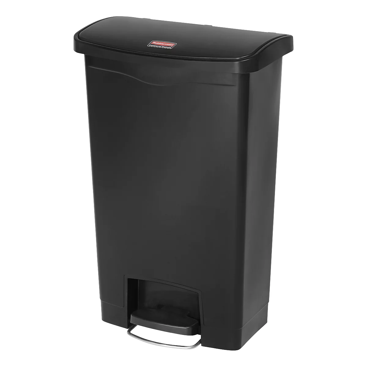 Black trash can with lid and foot pedal, a brand logo on top.