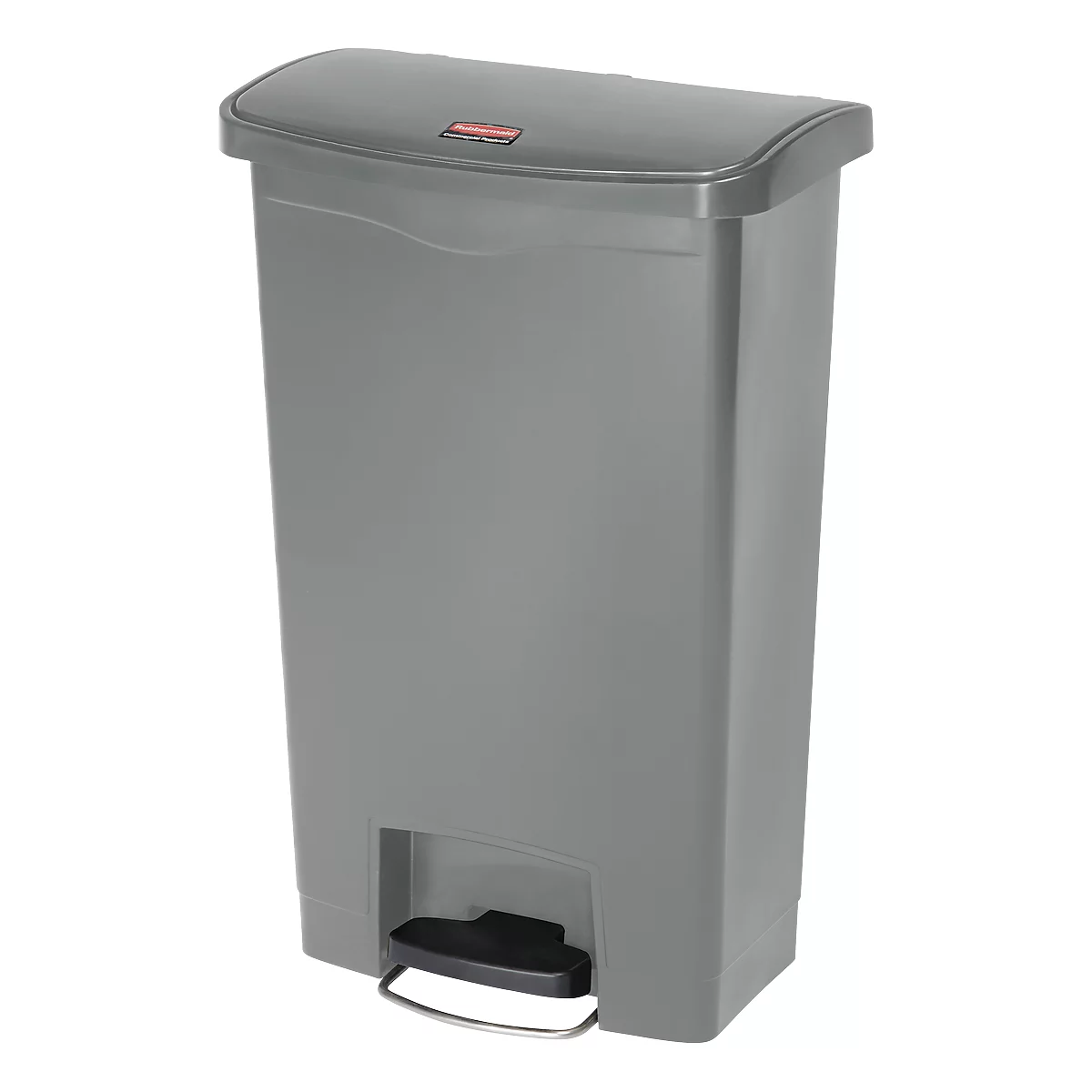 Grey step trash can with lid and foot pedal.