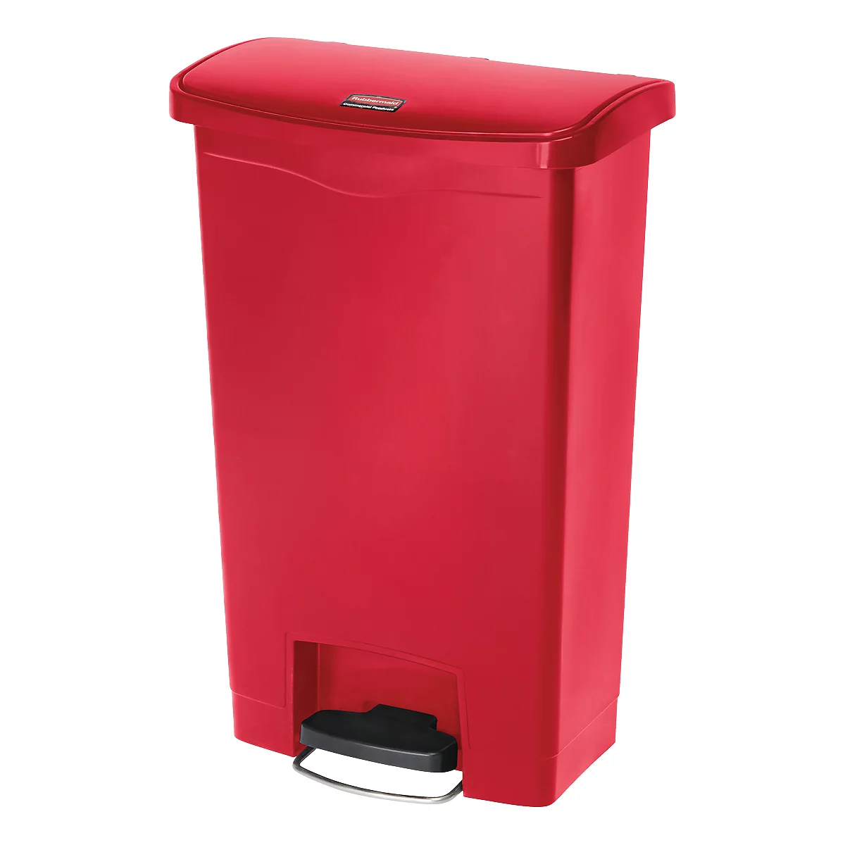 Red step trash can with lid. A black step is at the bottom.