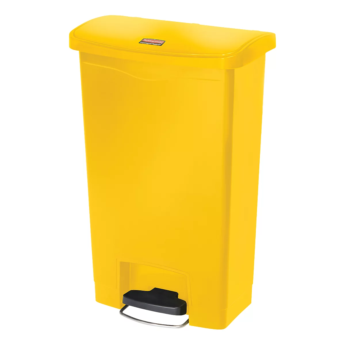 Yellow trash can with lid. Black foot pedal to open.