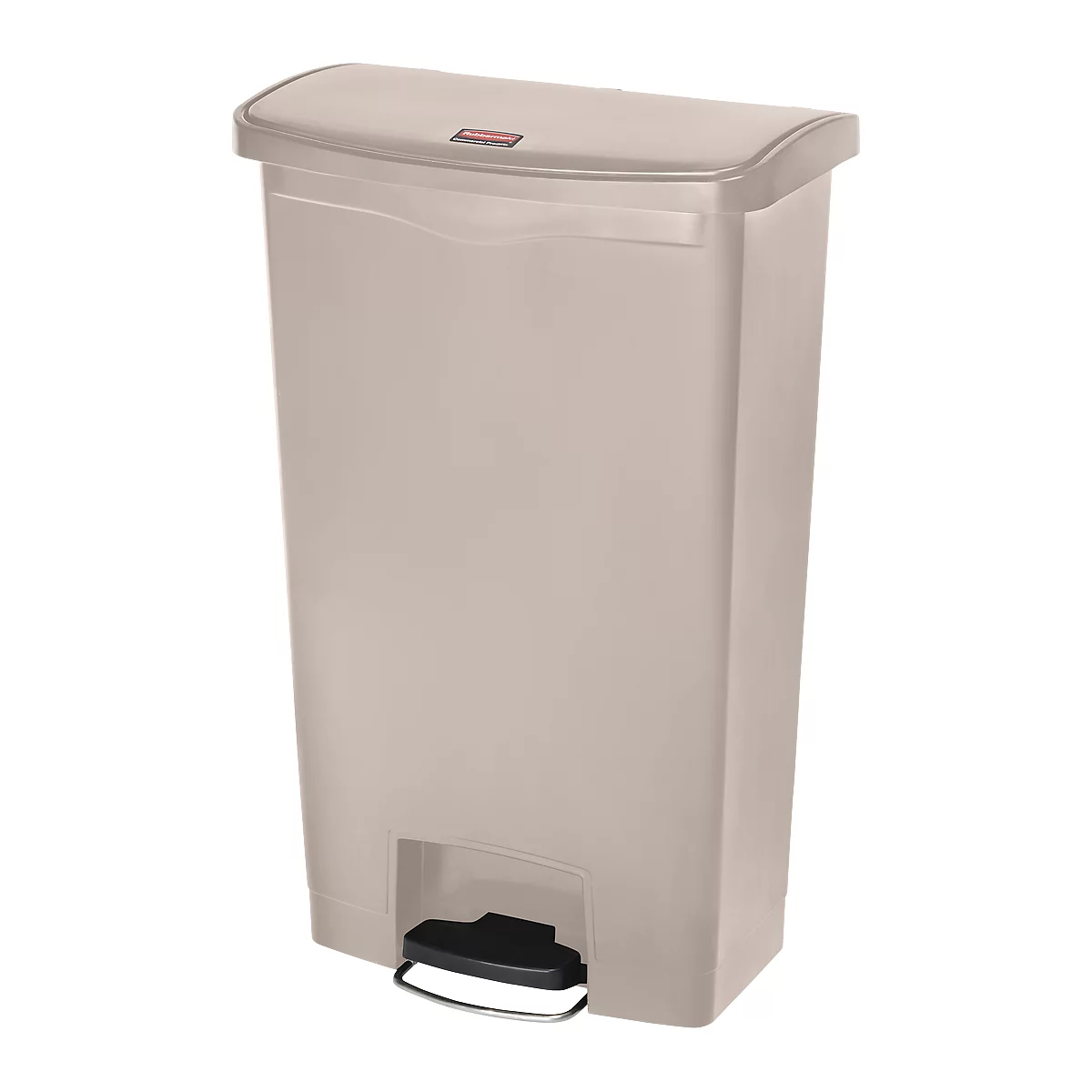 Beige trash can with lid and foot pedal. Small red rectangle at the top. Black pedal, chrome-colored metal bracket.