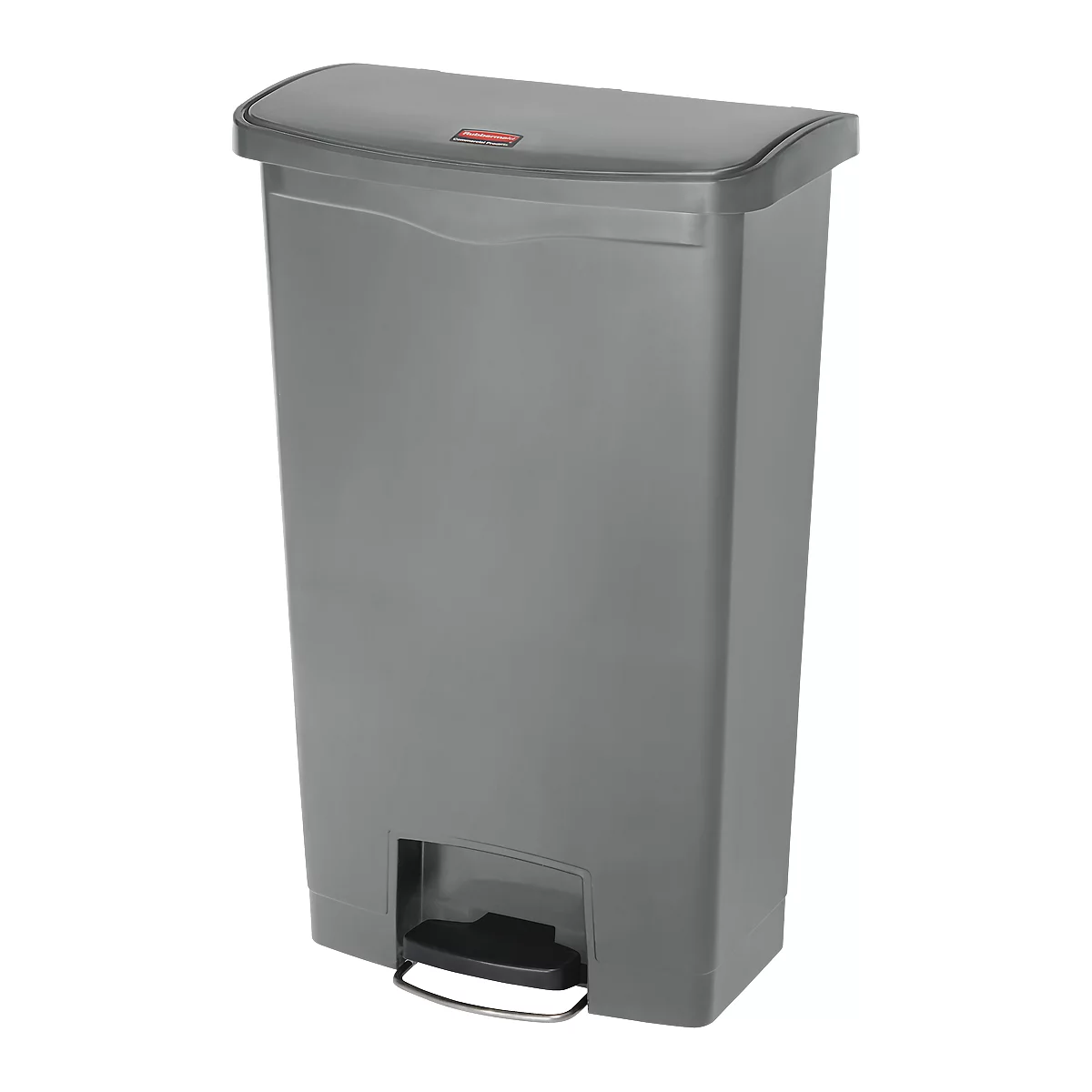 Grey trash can with lid, step function and logo. The lid is slightly rounded. At the bottom is the foot pedal.