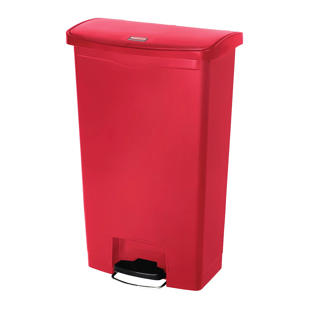 Red trash can with lid and foot pedal. There is a small, rectangular inscription on the lid.