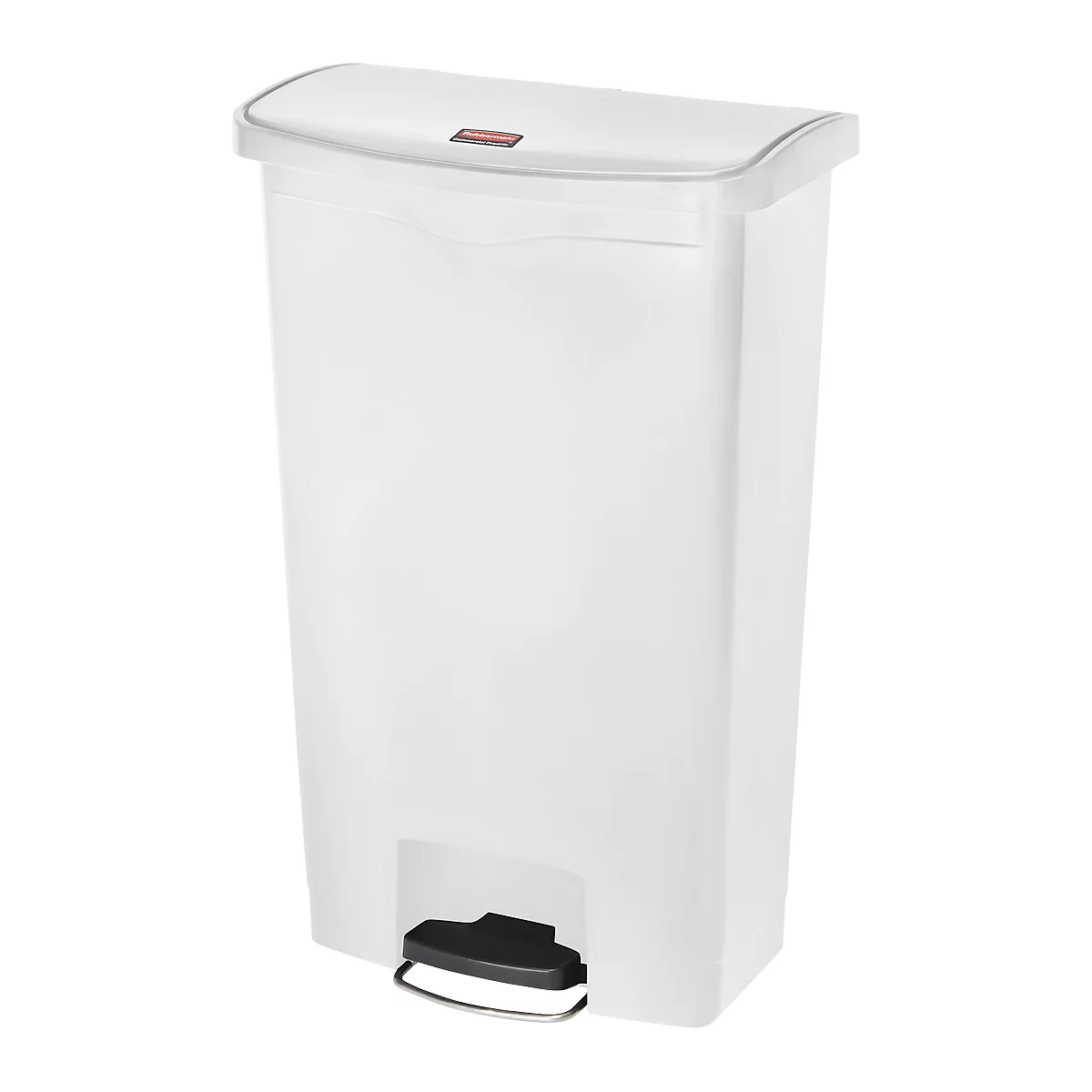 White trash can with lid and pedal. There is a red rectangle with text on the lid.