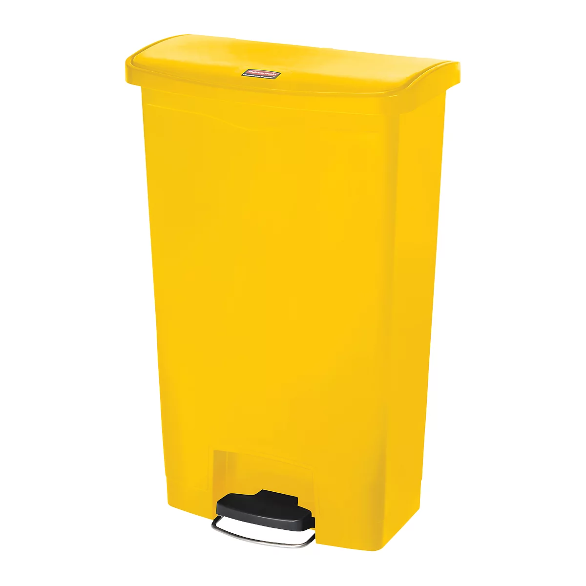 Yellow trash can with lid and foot pedal. Rectangular shape. Lid and foot pedal are black.