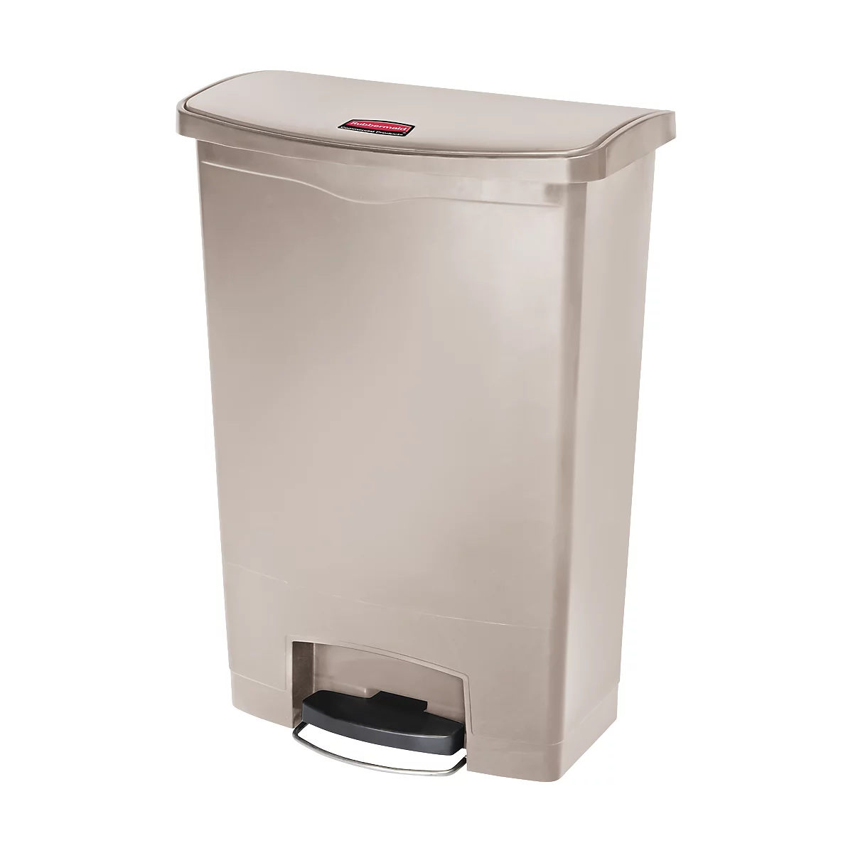 Beige trash can with lid, red rectangle and foot pedal.