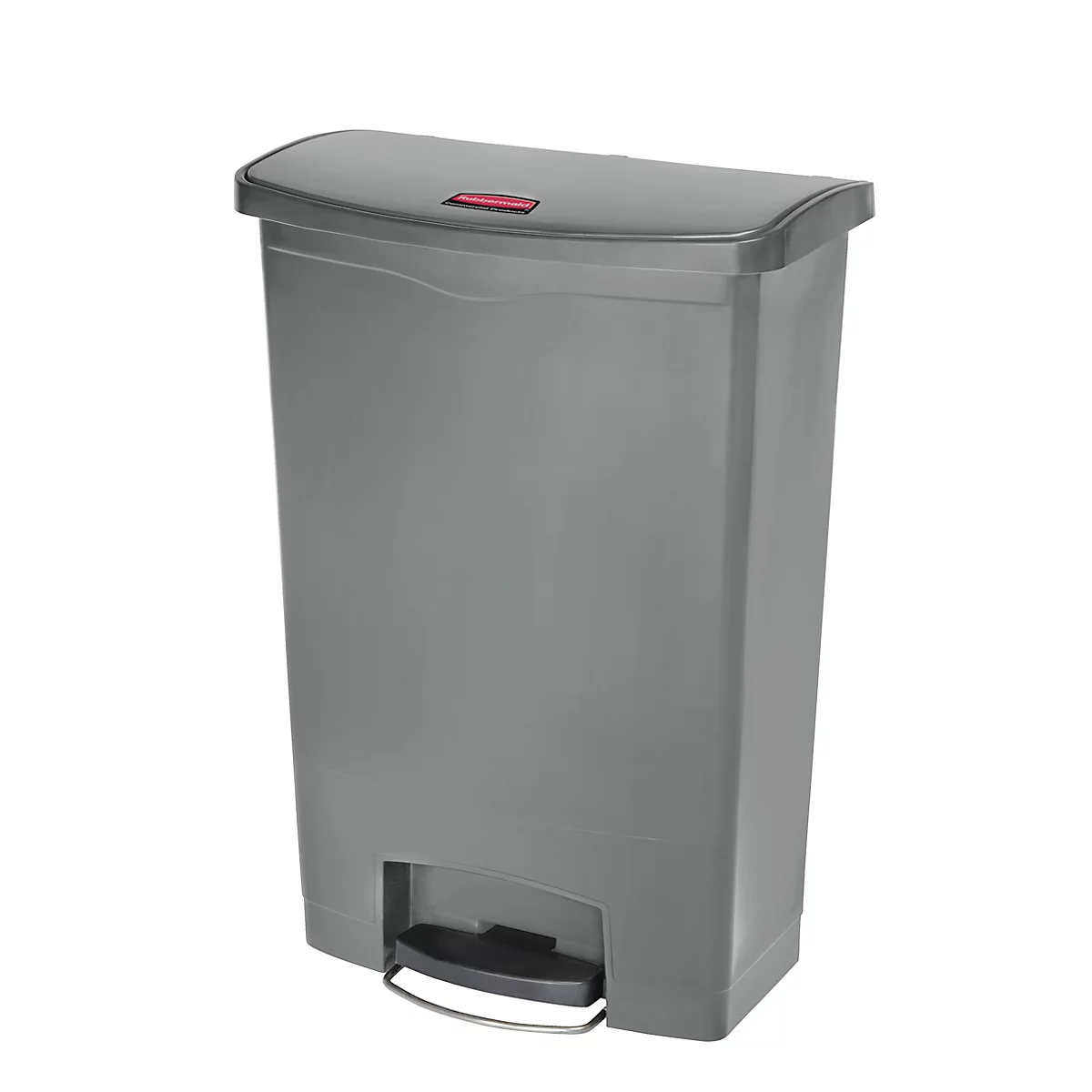 Gray trash can with lid and foot pedal.