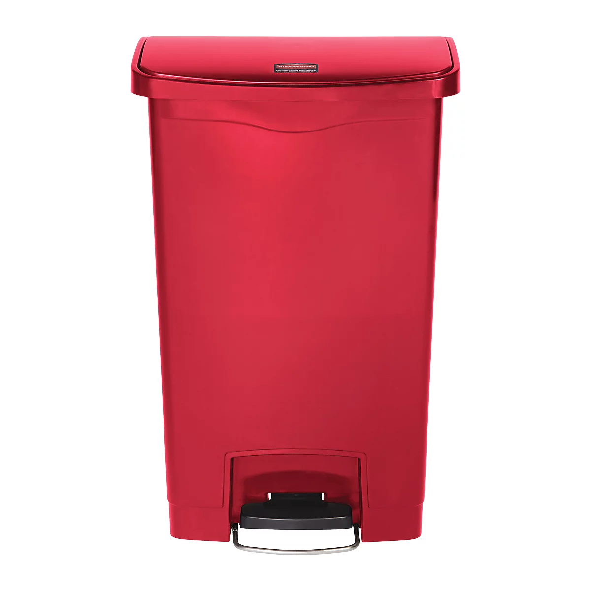 Red trash can with lid and foot pedal. 'Rubbermaid' is written on the lid.