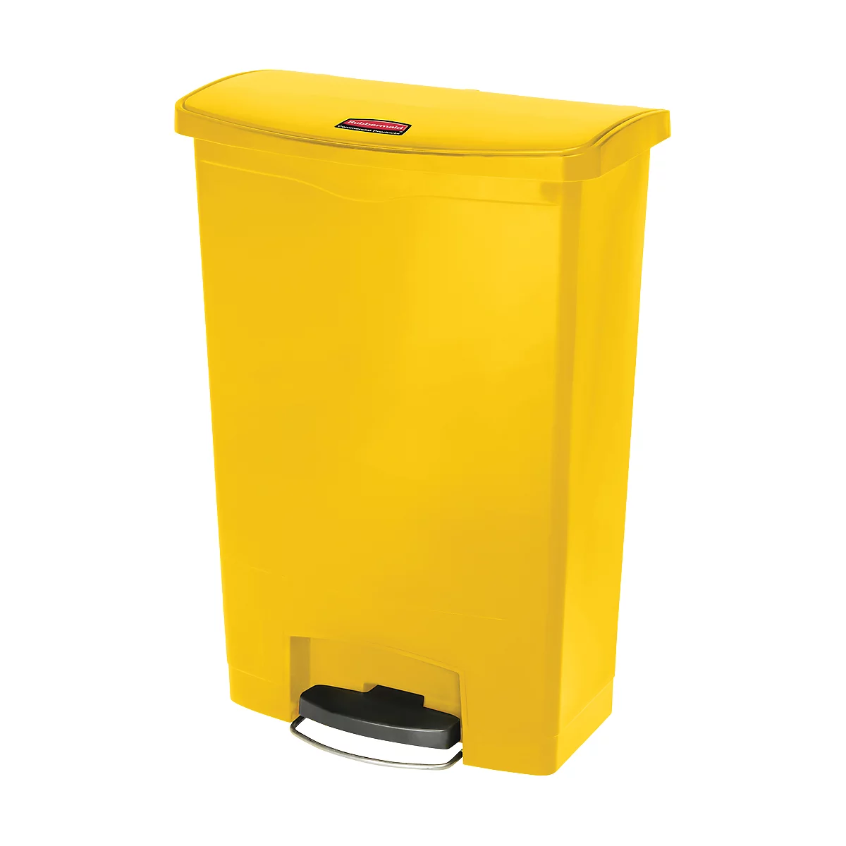 Yellow trash can with lid and foot pedal.