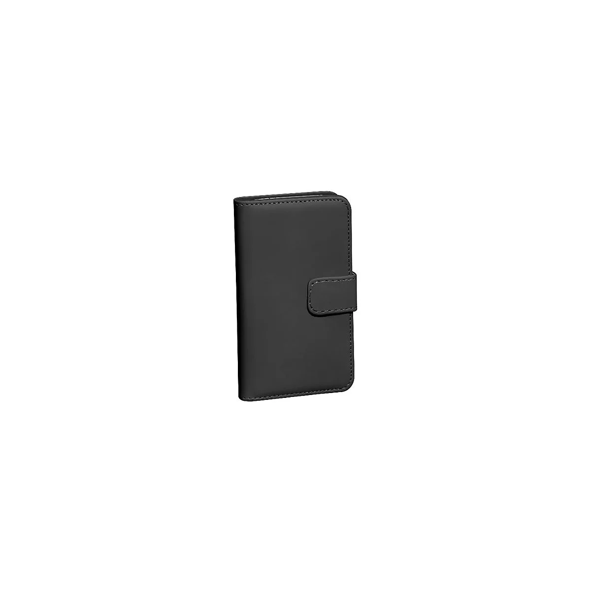 Schwarze, geschlossene Smartphone-Klapphülle aus Leder mit seitlicher Verschlusslasche auf weißem Grund.