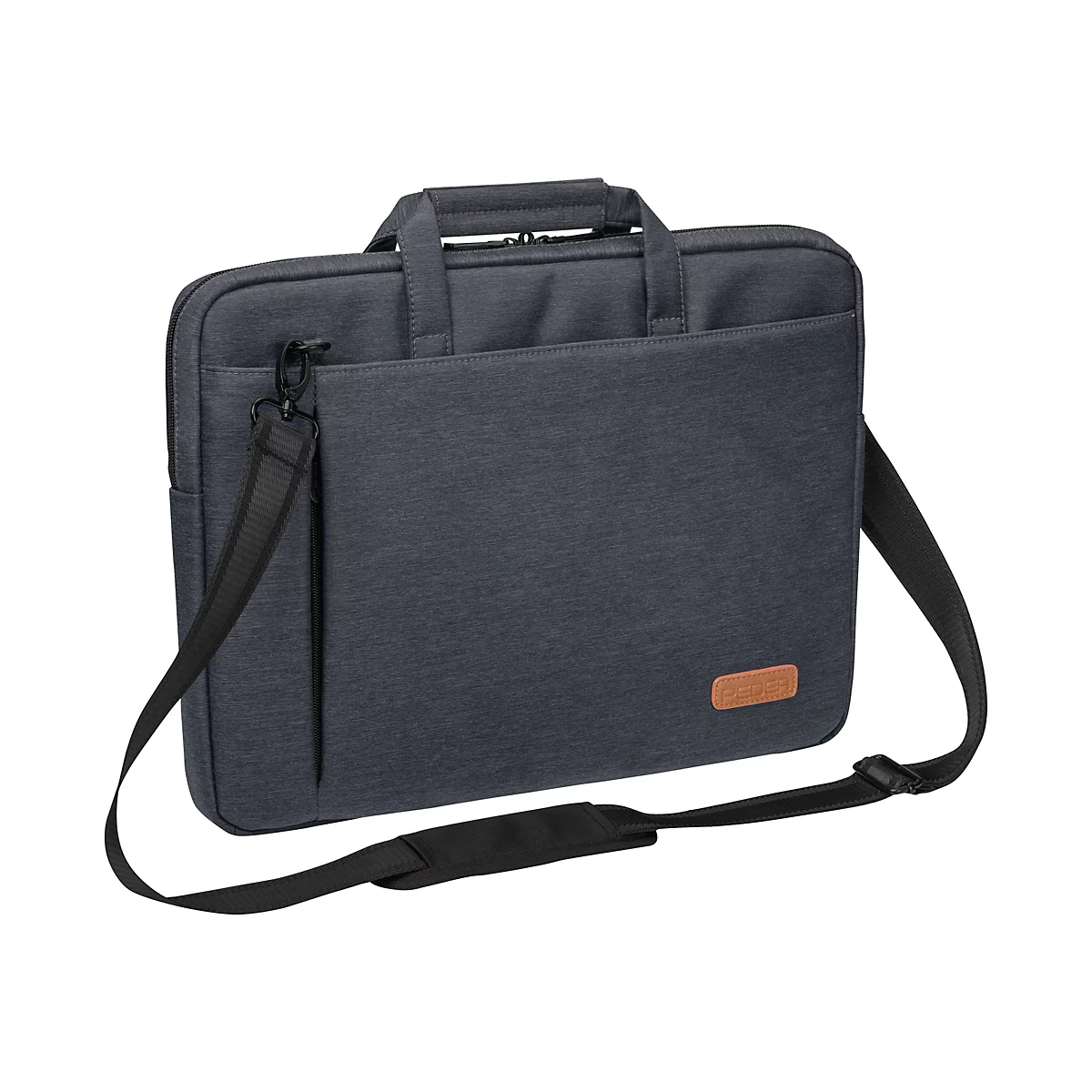 Dunkelgraue Laptoptasche mit Tragegriff und Schulterriemen. Auf der Vorderseite befindet sich ein kleines braunes Etikett.