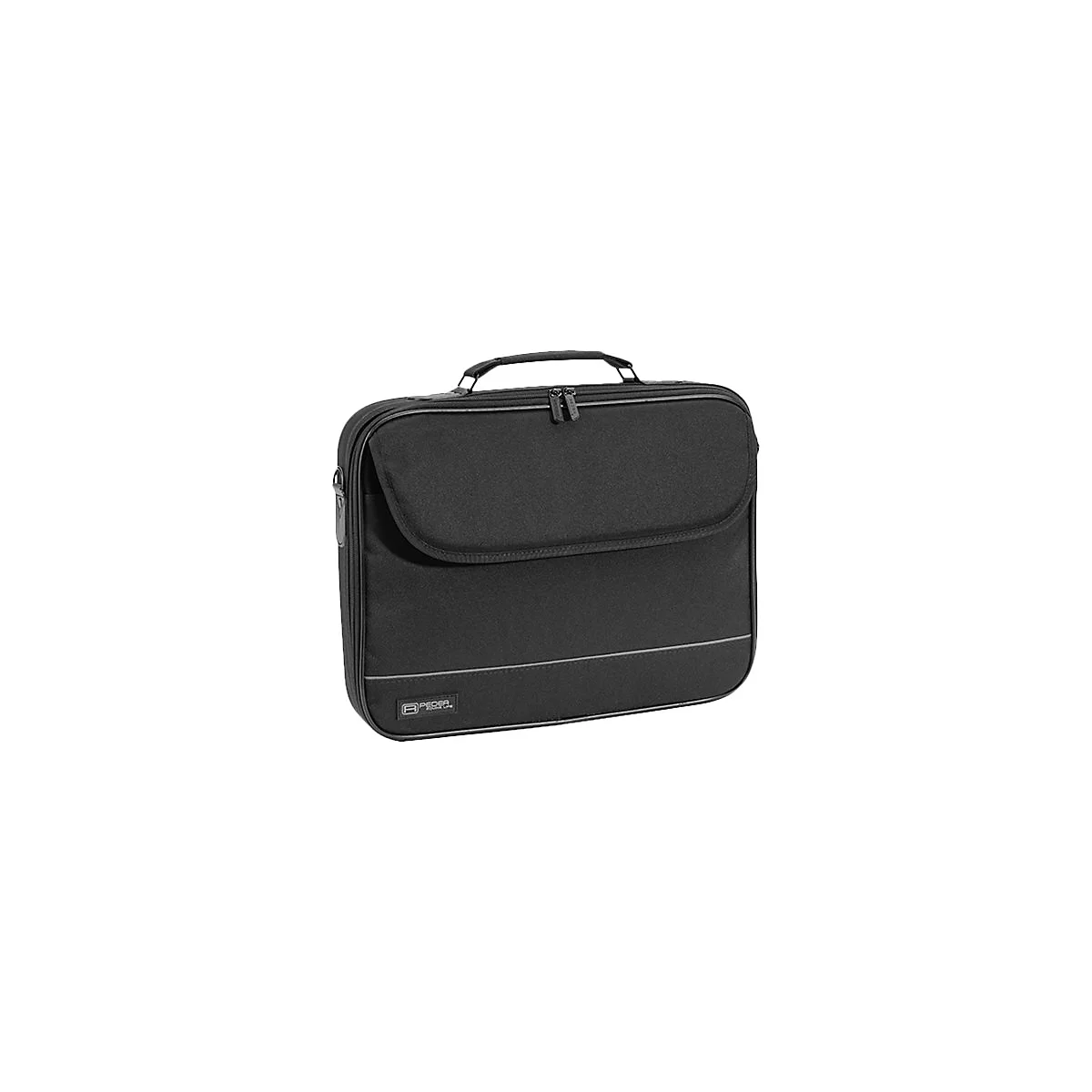 Schwarze Laptoptasche mit Griff und ReiÃŸverschluss.