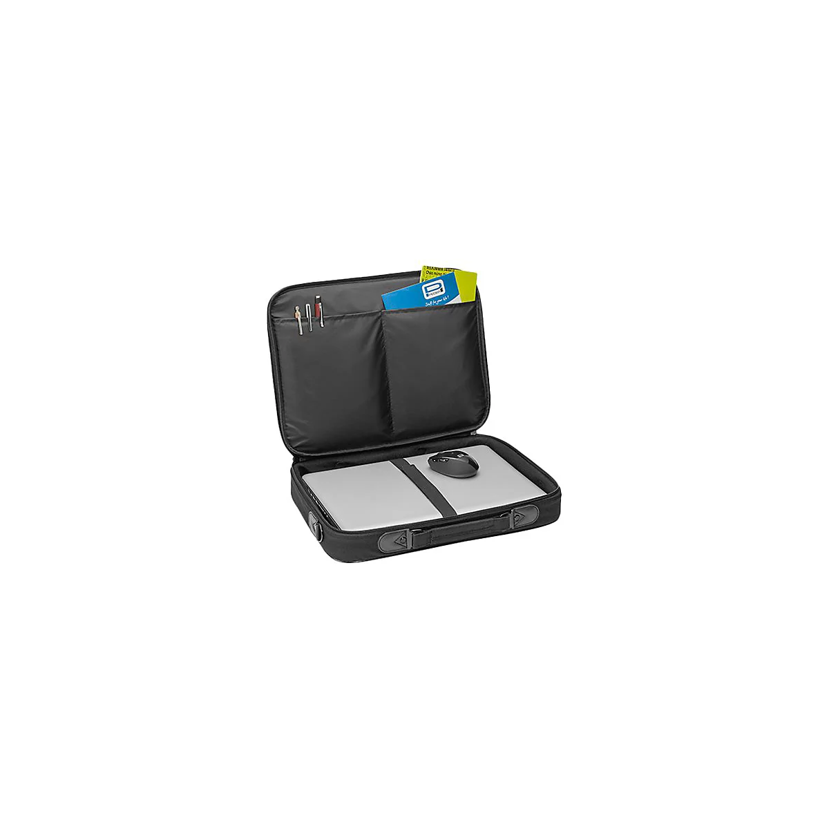 GeÃ¶ffnete schwarze Laptoptasche mit Laptop, Maus und Stiften.