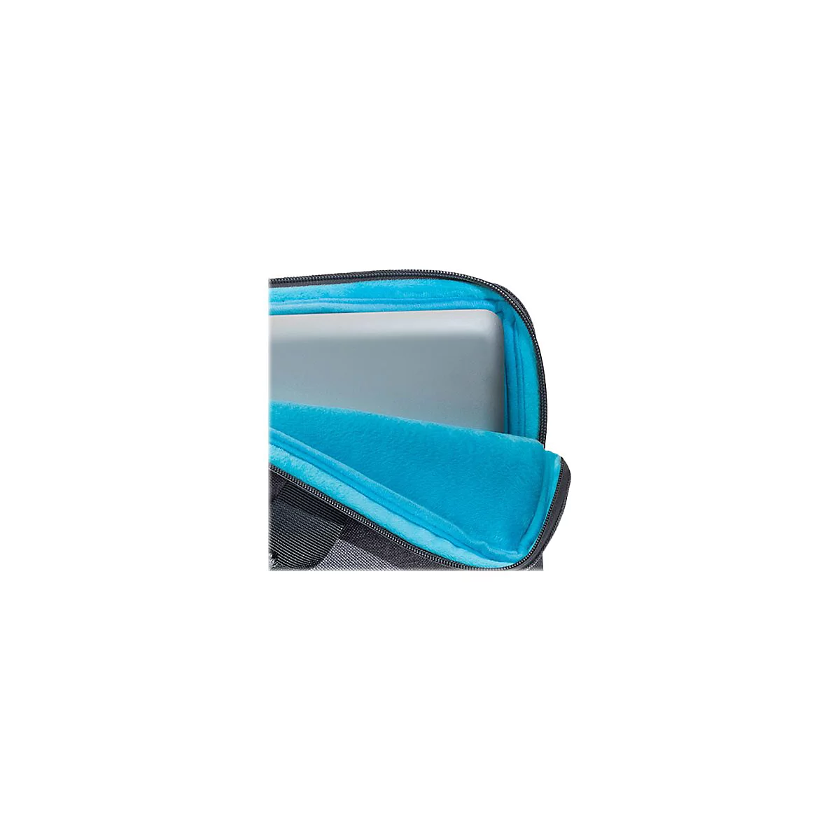 Nahaufnahme einer Laptop-Tasche. Innen hellblaues Futter, Reißverschluss und schwarzes Gehäuse.