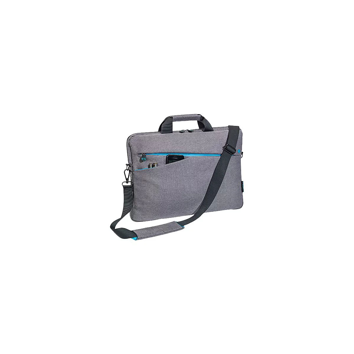 Graue Laptoptasche mit schwarzem Schulterriemen, blauem Reißverschluss und Tasche. Ein Handy und zwei Stifte sind in der Tasche.